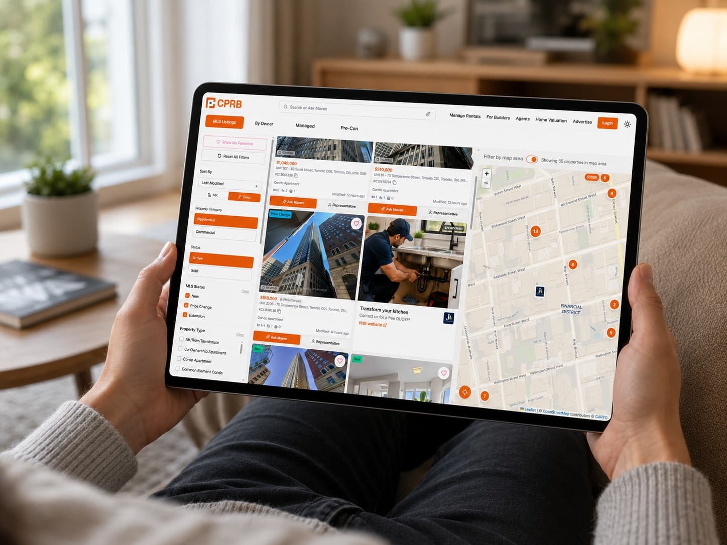 A person at home browsing CPRB listings on a tablet, with a sponsored ad placement in the grid