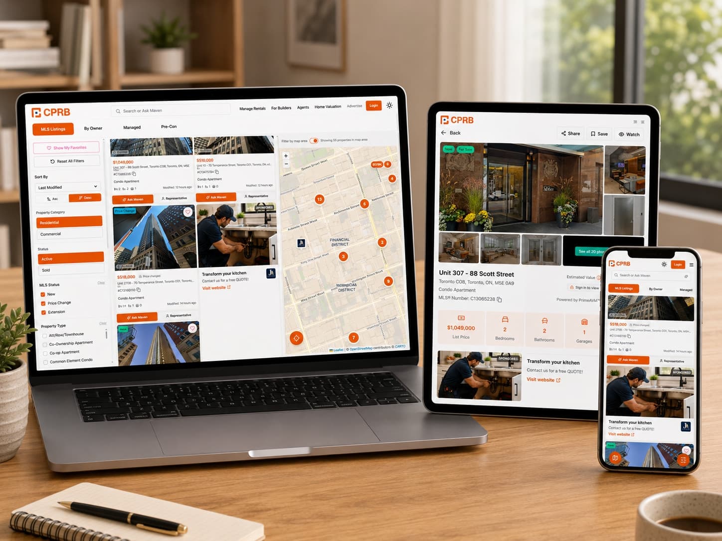 The same sponsored CPRB ad placement shown on a laptop, a tablet, and a phone