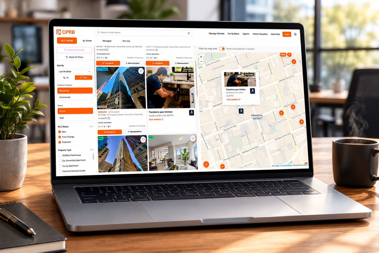 A laptop showing the CPRB listings grid and map with a sponsored ad slot in the results