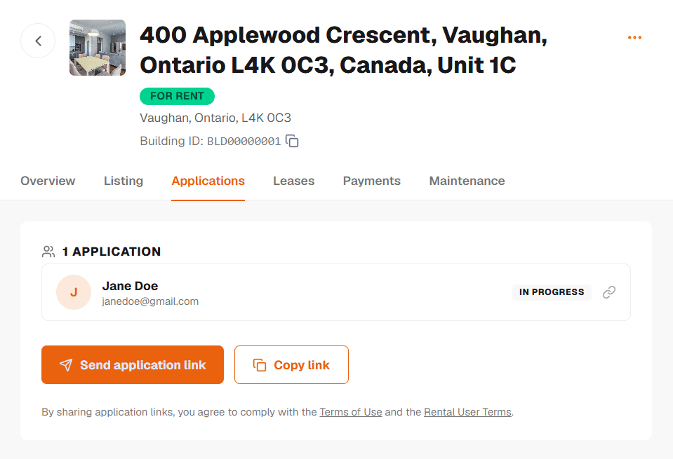 Rental manager applications list showing received and pending applications