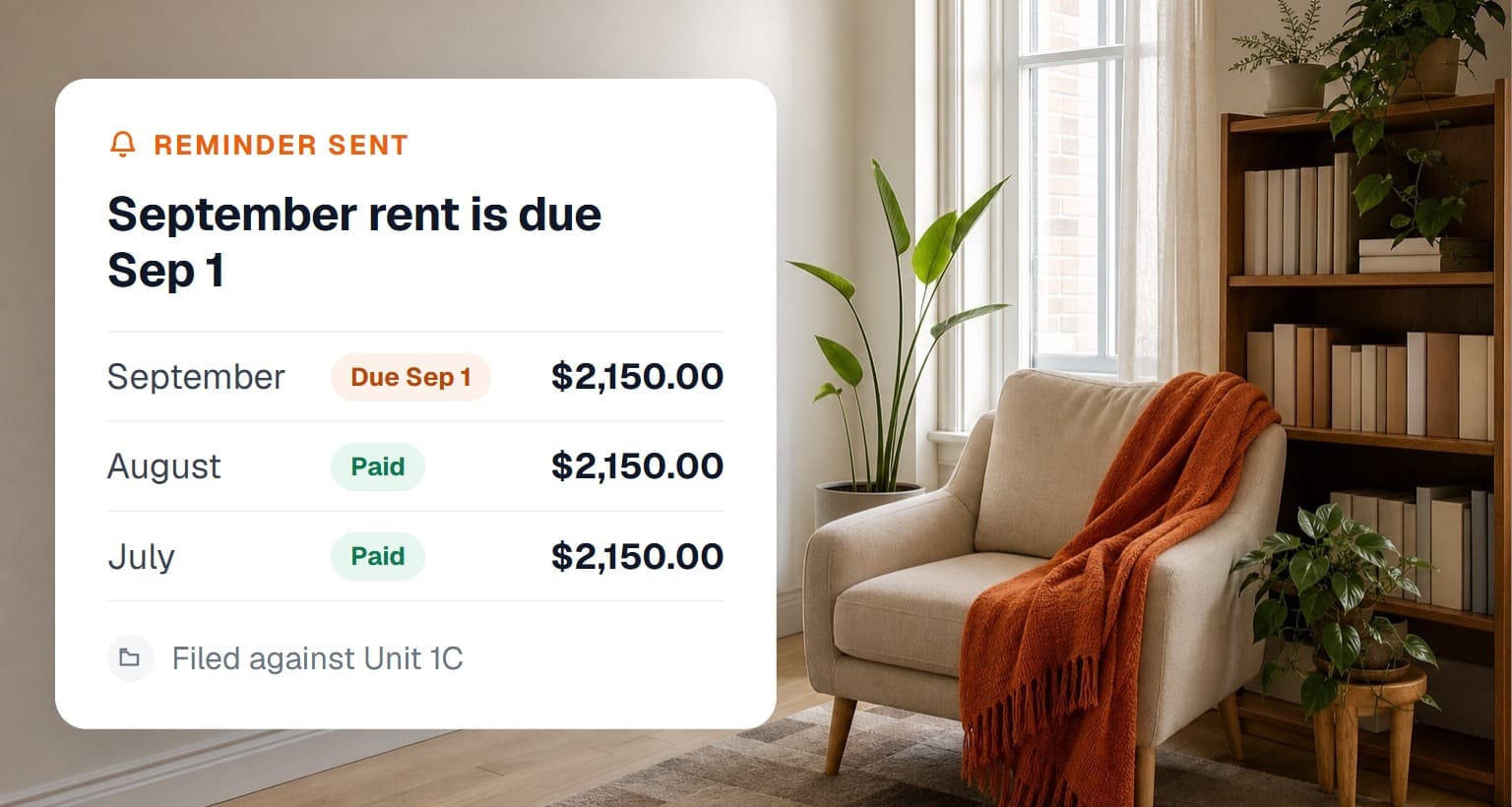A rent reminder alongside the unit's rent-payment history