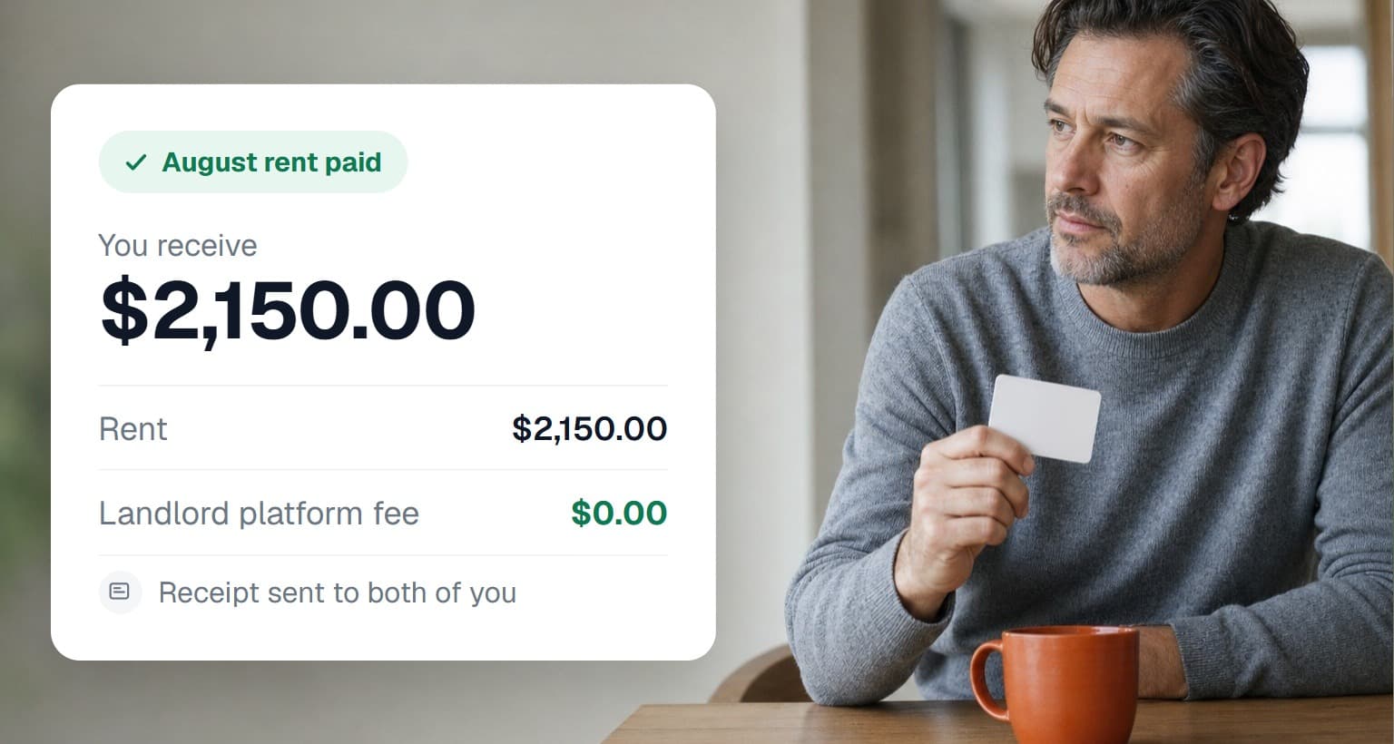 A paid month of rent showing a $0.00 landlord platform fee