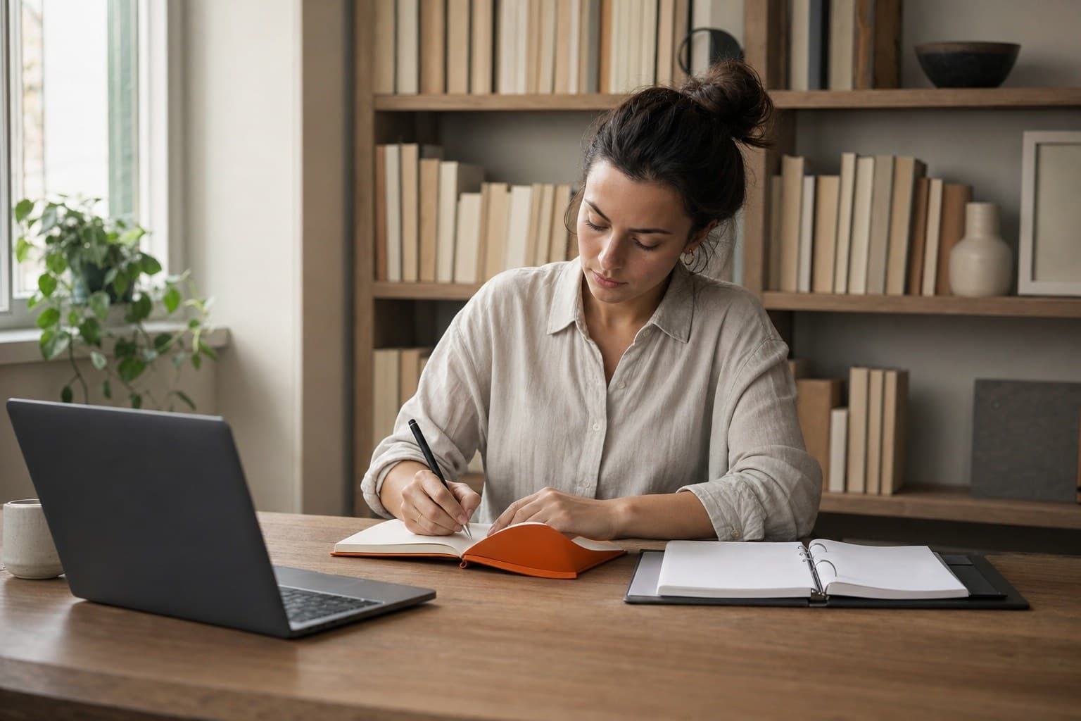 A landlord reconciling rent receipts and records at a desk