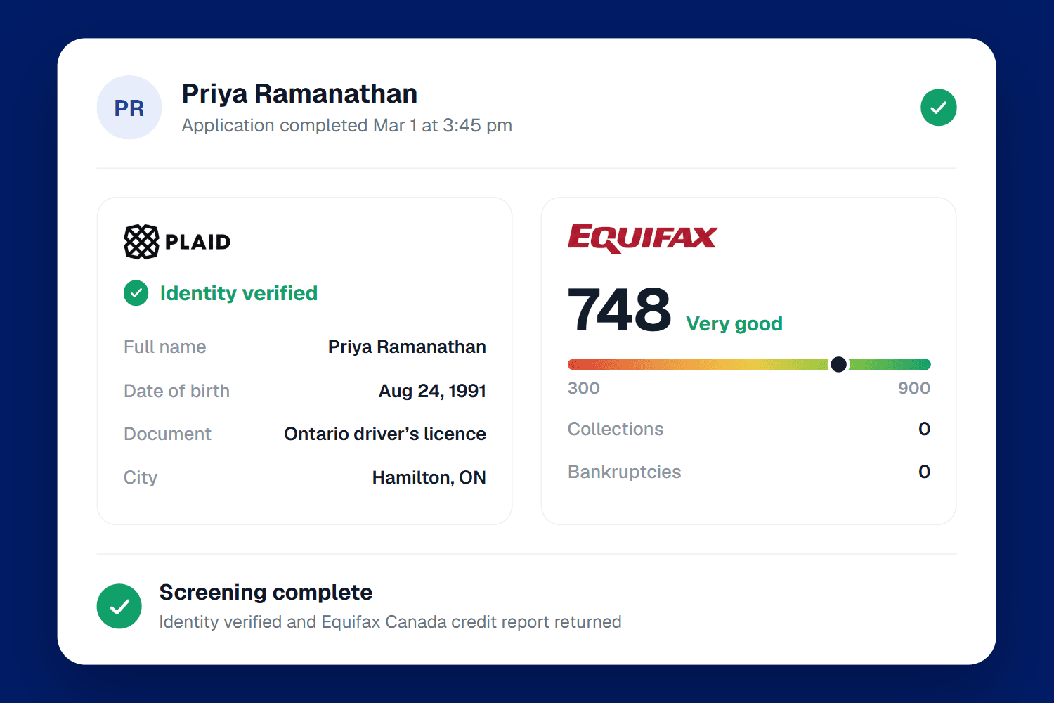 Applicant summary showing Plaid identity verification and an Equifax credit report