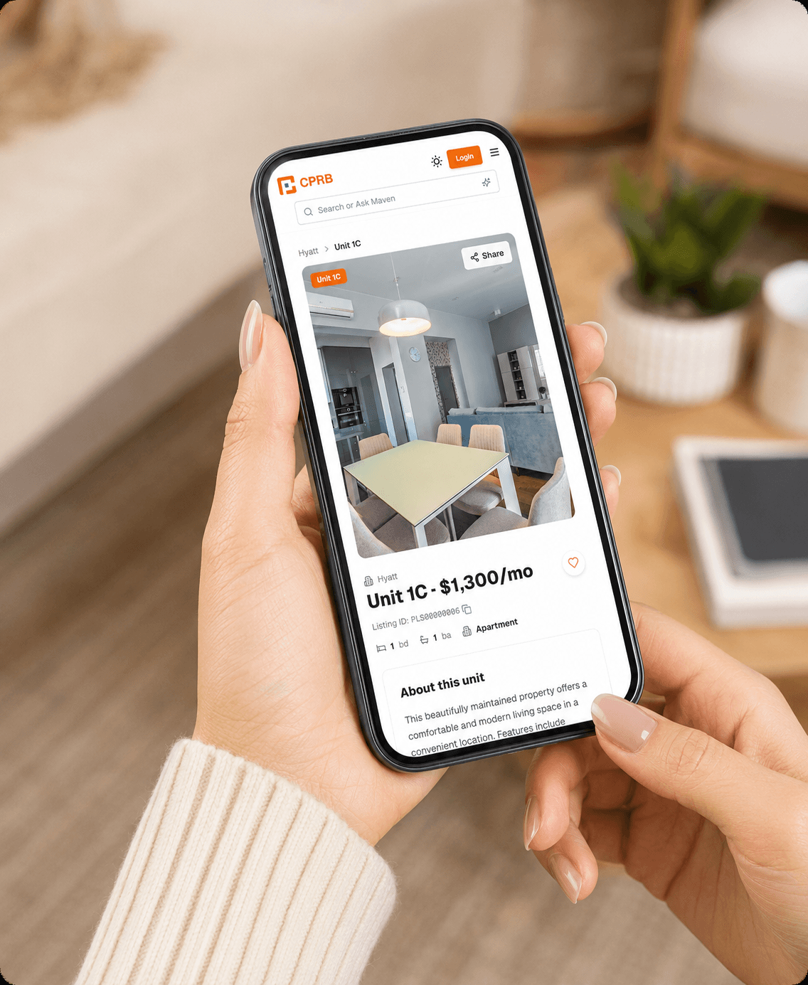 A renter browsing a CPRB rental listing on the mobile app