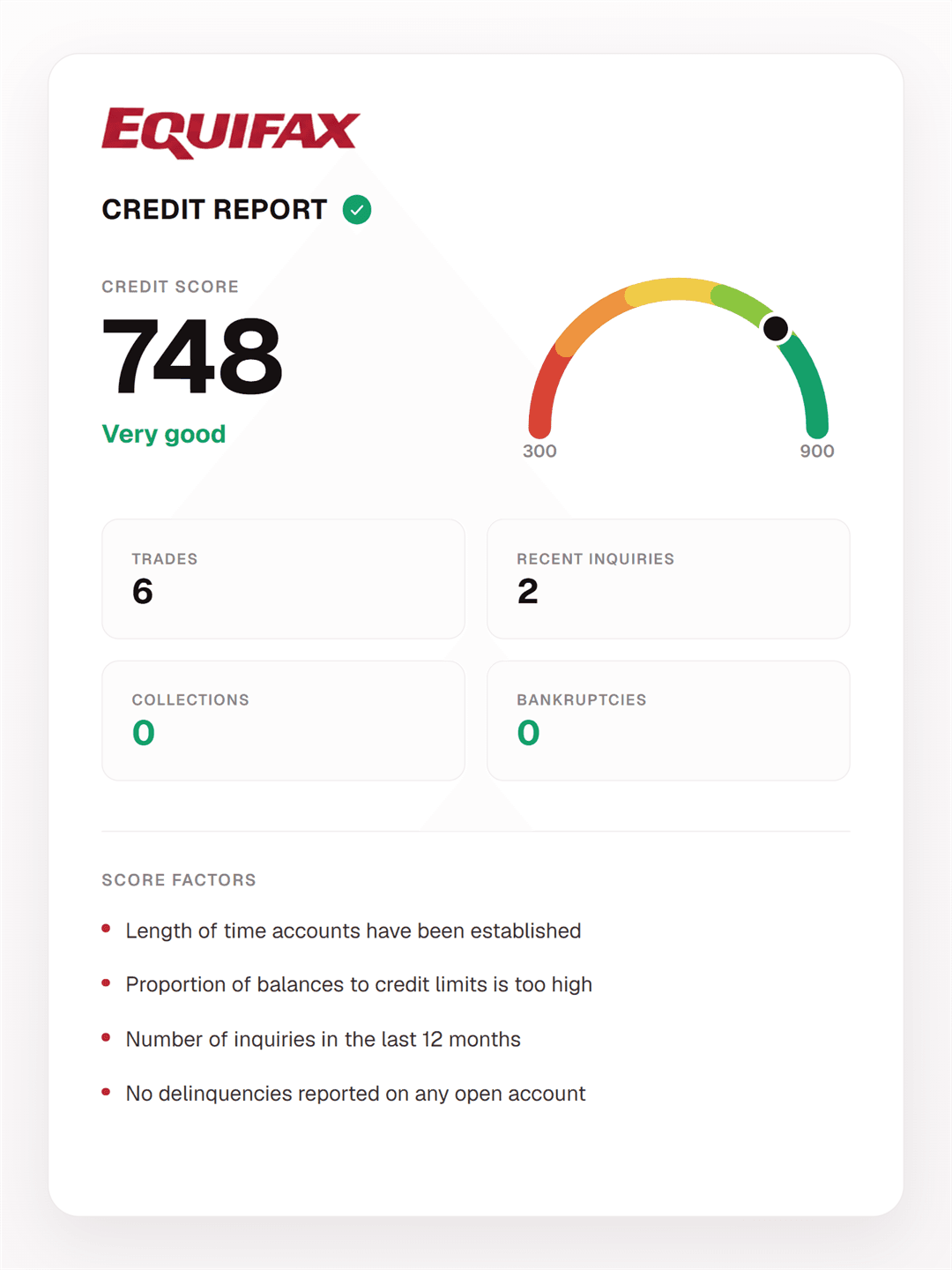 Sample Equifax Canada credit report showing the score on a 300-900 scale, trade and inquiry counts, and score factors