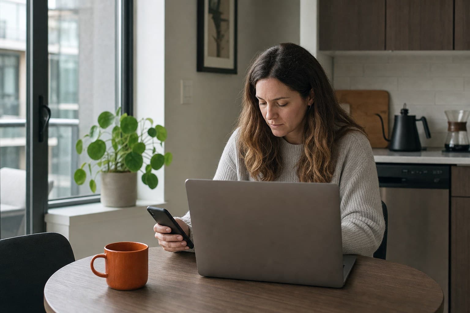 Landlord managing rental on phone and laptop