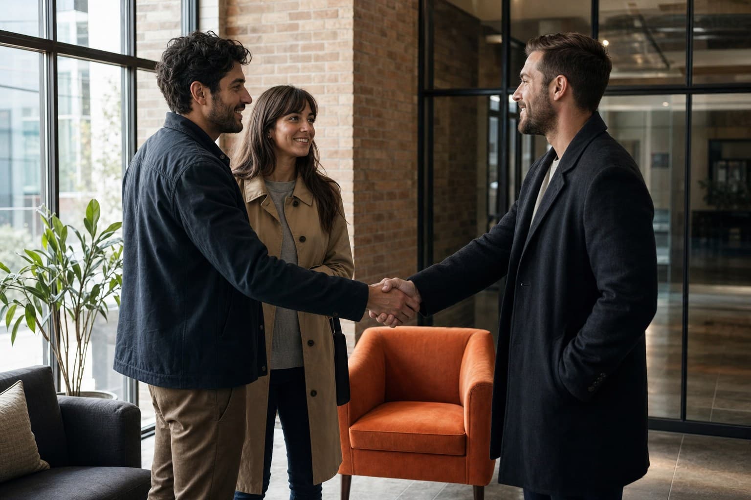 A landlord meeting two prospective tenants in an apartment building lobby
