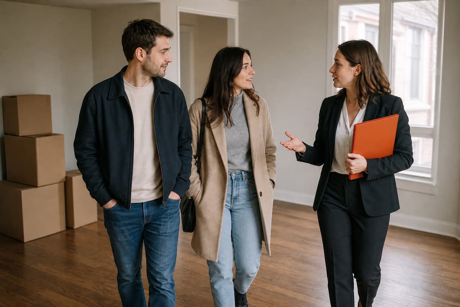 An agent showing renters a premium-listed apartment