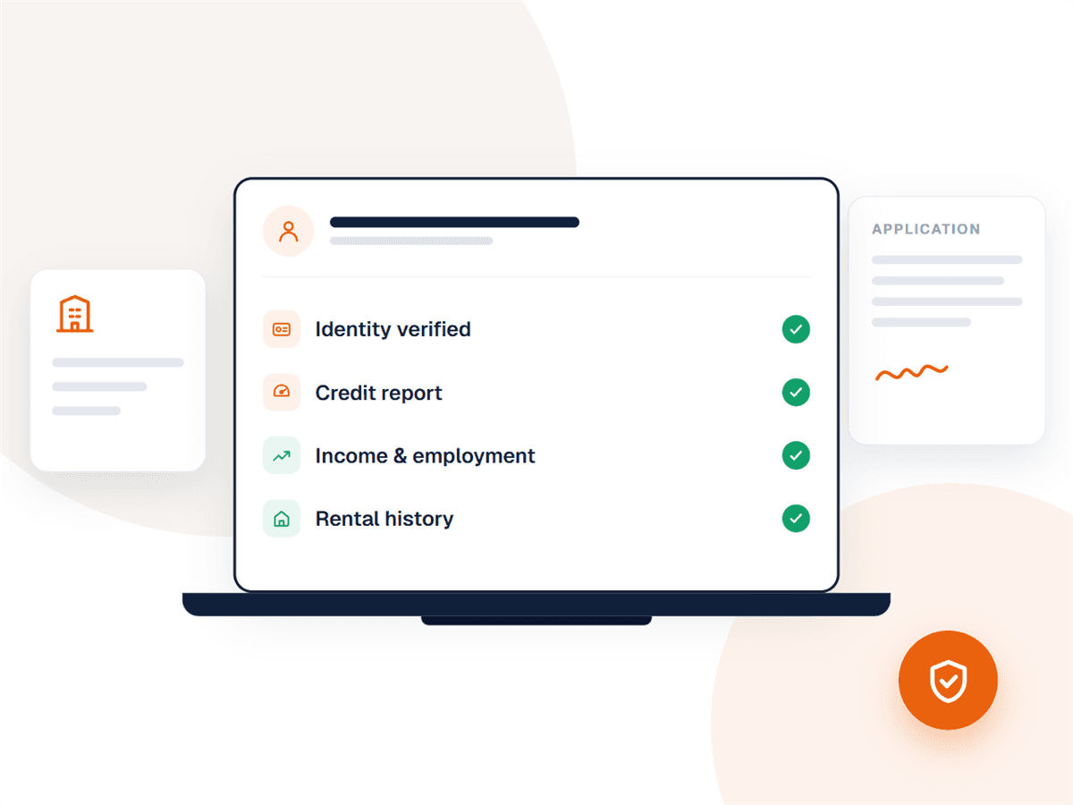 An application checklist: identity verified, credit report, income and employment, rental history
